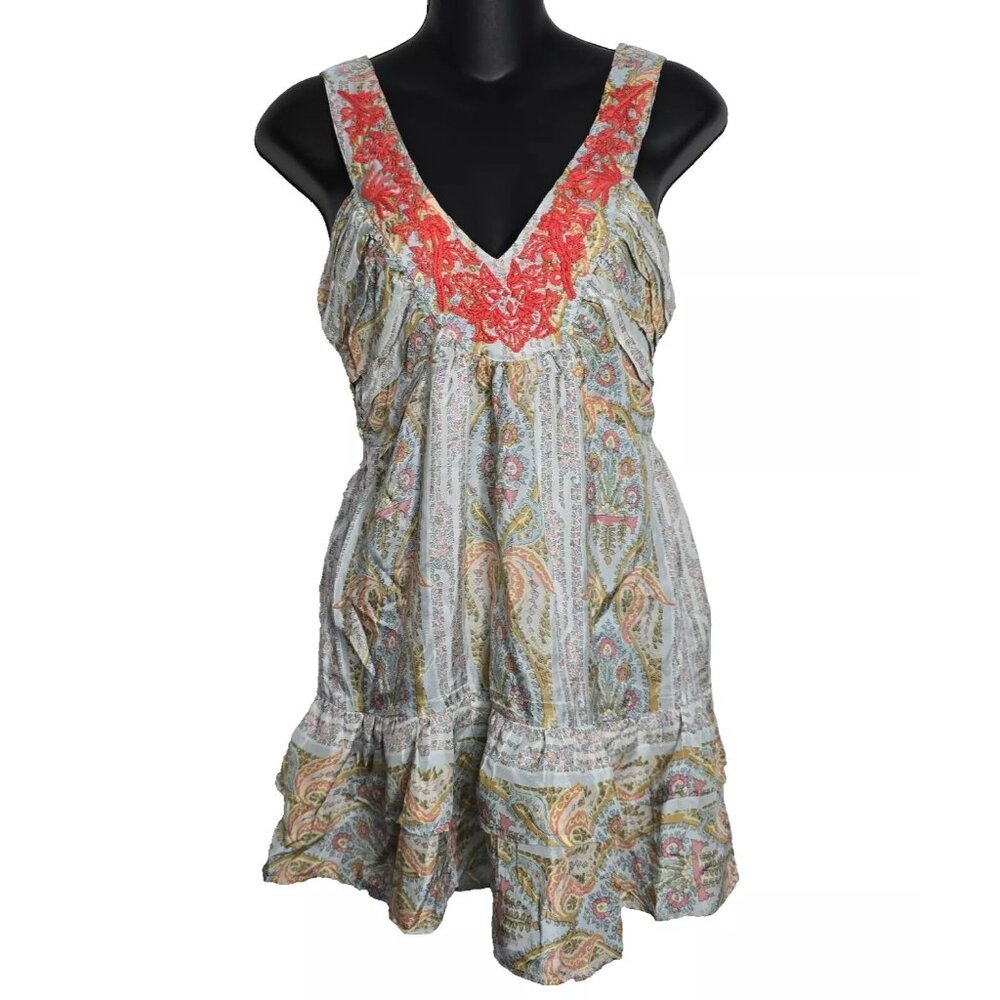 Sundance Women XS Top 100% Silk Floral Boho Sleeveless Babydoll V-Neck Embroider